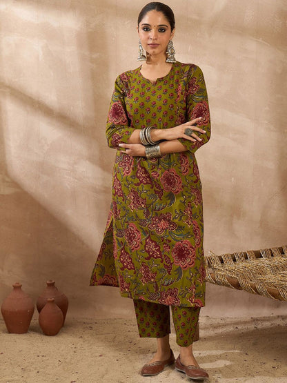 Floral Printed Notch Neck Pure Cotton Kurta With Trousers