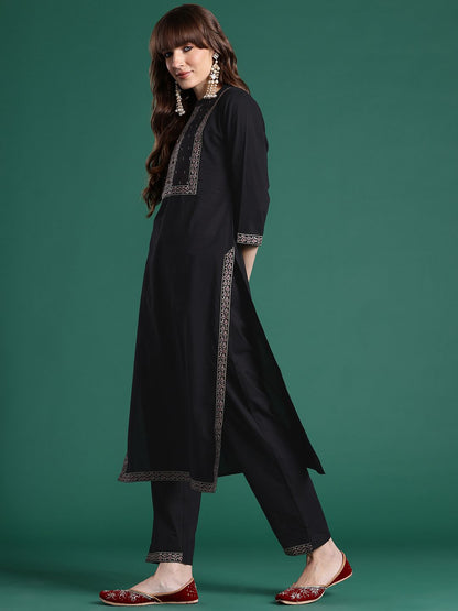 Dhiyona IE Floral Embroidered Thread Work Pure Cotton Kurta with Trousers & Dupatta