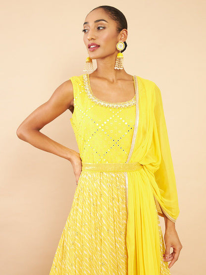 Dhiyona SO Women's Women Yellow Embroidered Empire Mirror Work Kurta with Trousers & With Dupatta