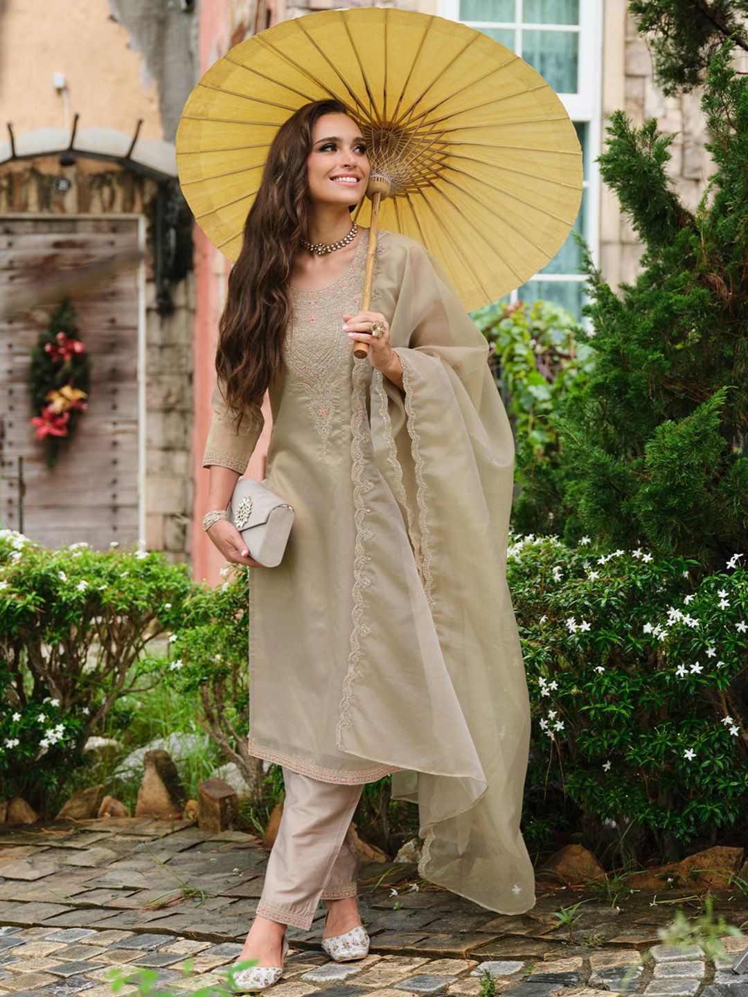 Floral Yoke Design Sequnnied Straight Kurta With Trousers & Dupatta