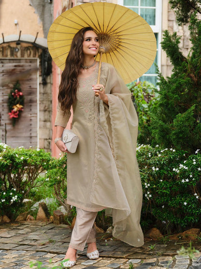 Floral Yoke Design Sequnnied Straight Kurta With Trousers & Dupatta