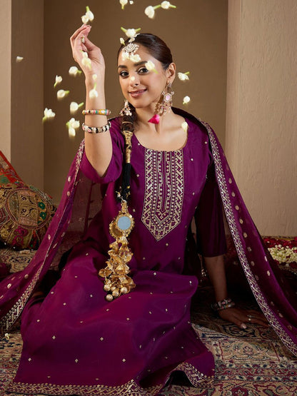 Dhiyona IE Women Ethnic Motifs Embroidered Regular Sequinned Kurta with Trousers & With Dupatta