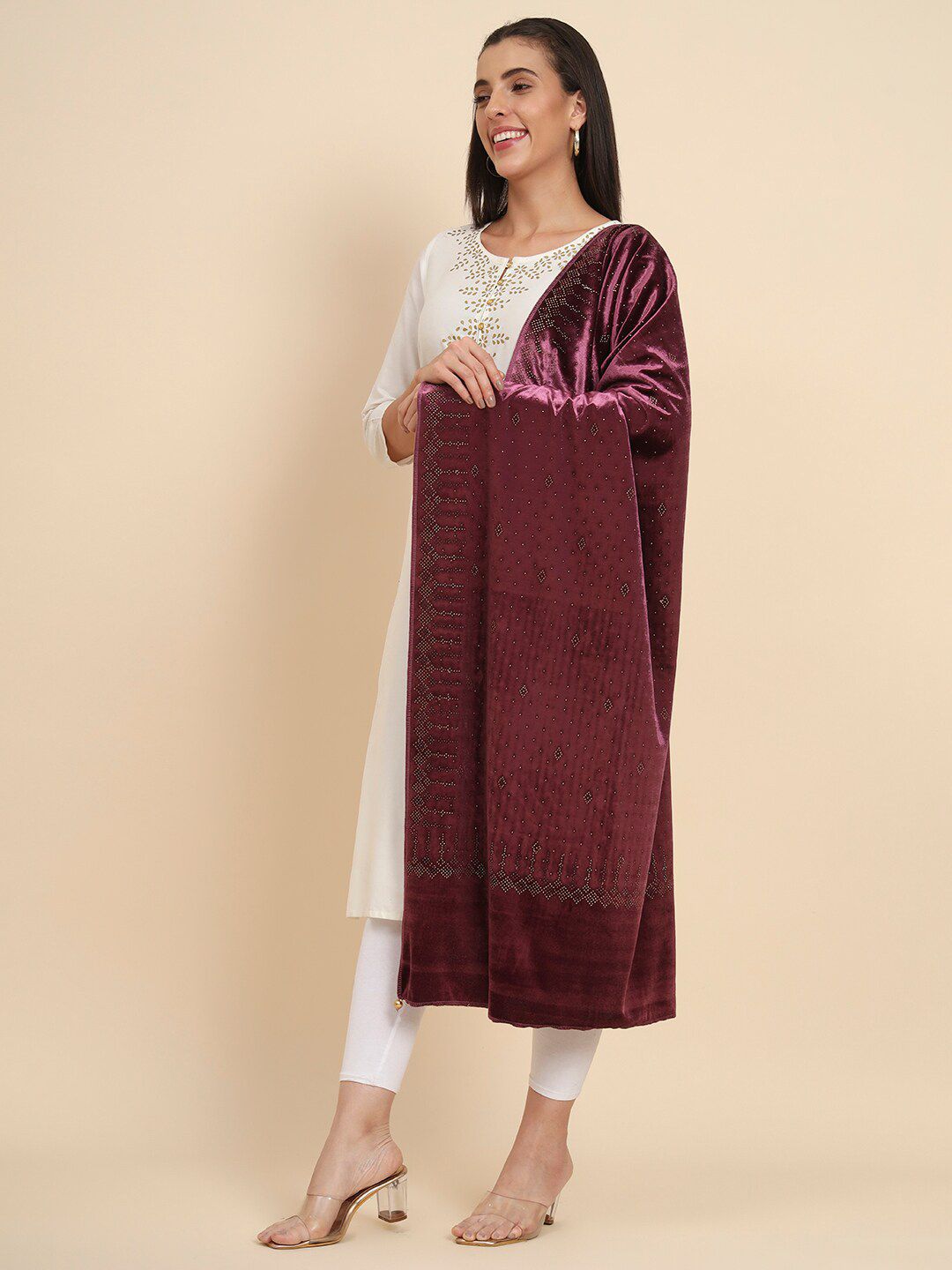 Dhiyona PA Embellished Beads & Stones Velvet Shawl