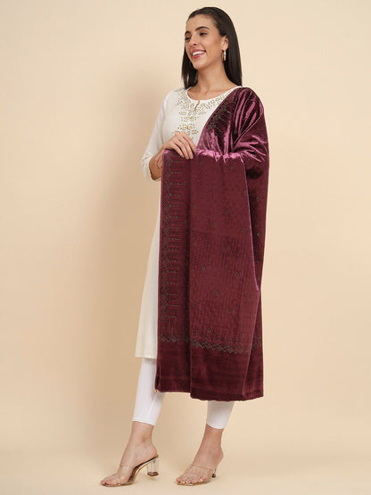 Dhiyona PA Embellished Beads & Stones Velvet Shawl