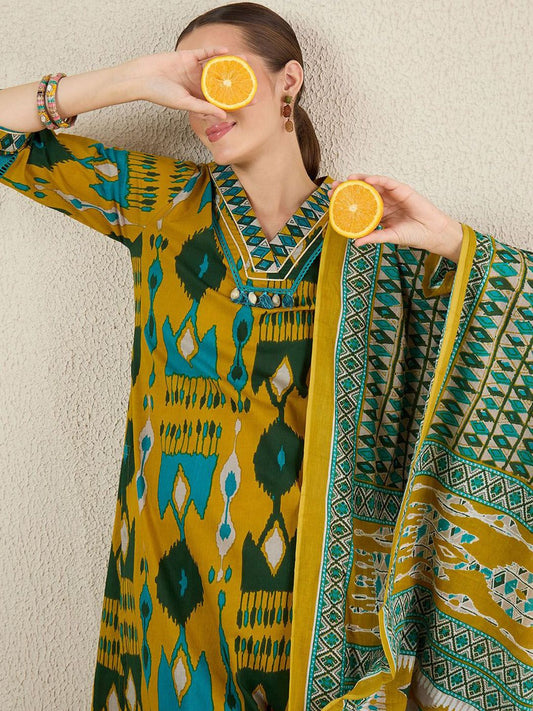 Dhiyona IE Women Abstract Printed Cotton Kurta with Trousers & Dupatta