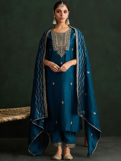 Dhiyona IE Women Ethnic Motifs Embroidered Regular Kurta with Trousers & With Dupatta