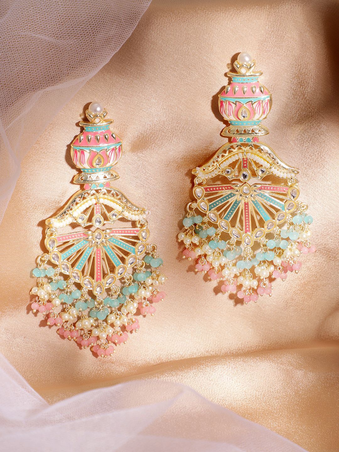 Dhiyona RJ Women's 22K Gold-Plated Multicolor Enamel with Mint Green and Pastel Pink Beaded Chandelier