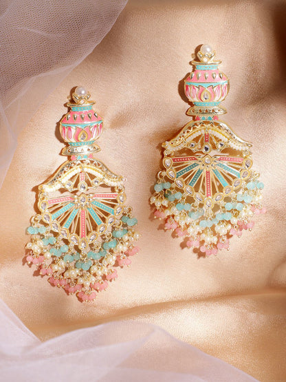 Dhiyona RJ Women's 22K Gold-Plated Multicolor Enamel with Mint Green and Pastel Pink Beaded Chandelier