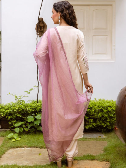 Women Floral Embroidered Regular Thread Work Kurta with Palazzos & With Dupatta