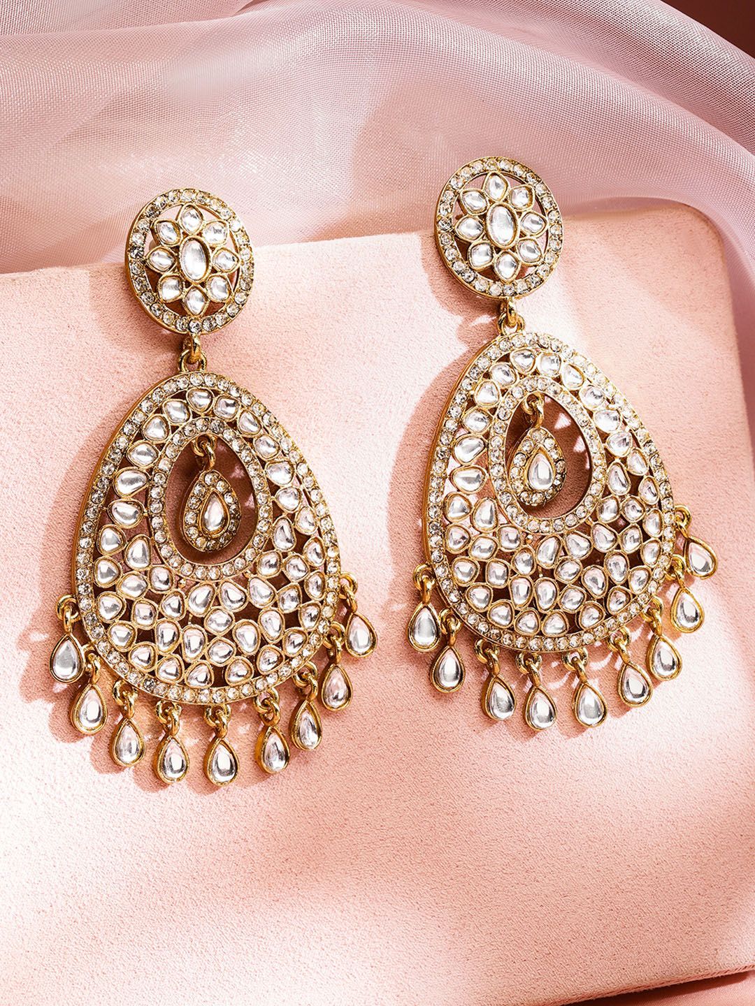 Dhiyona RJ Women's 22K Gold-Plated Kundan Studded Handcrafted Chandelier Earrings with Kundan Droplets