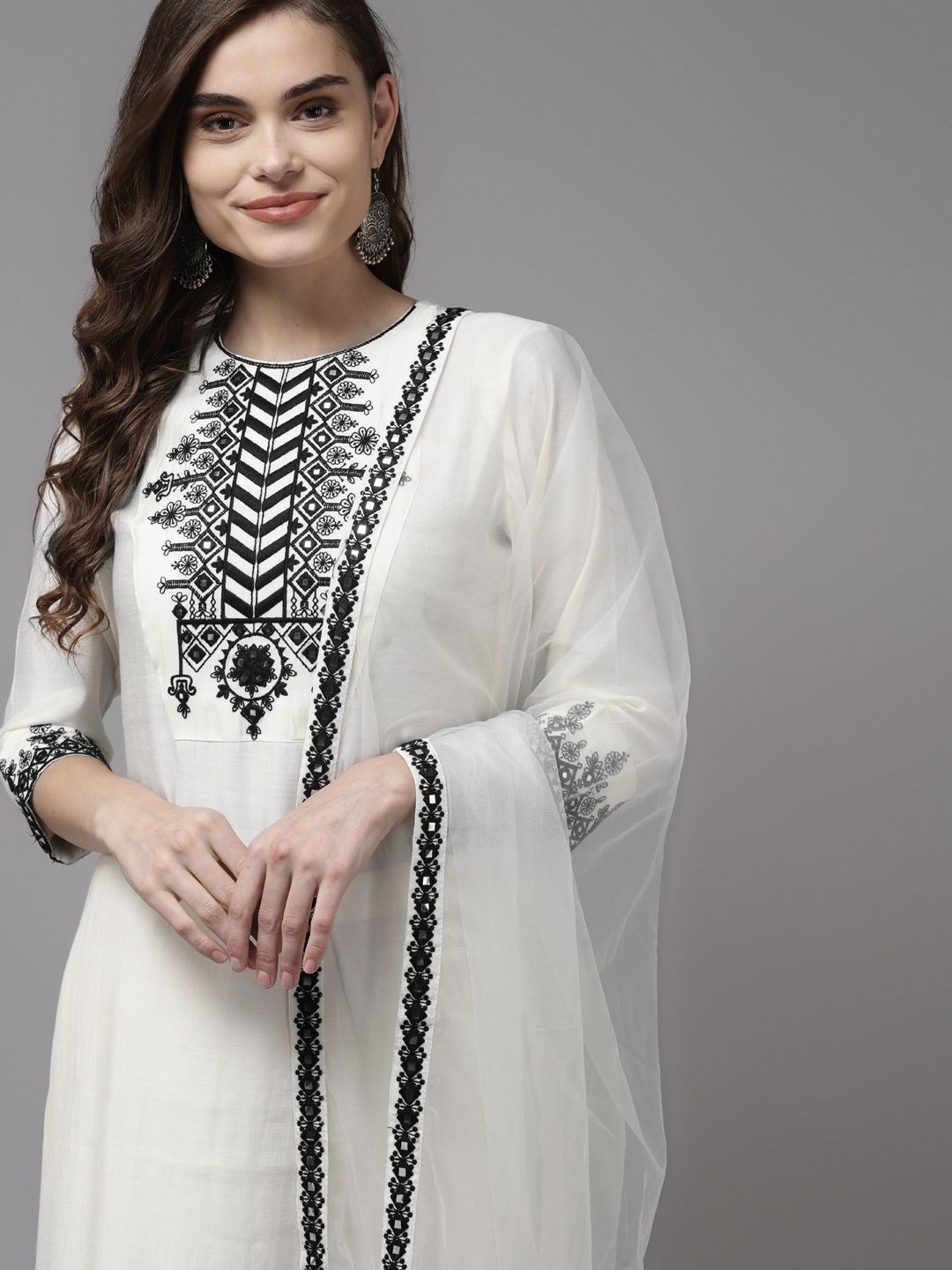 Dhiyona IE Women White Floral Yoke Design Regular Mirror Work Kurta with Palazzos & With Dupatta