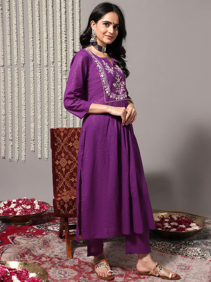 Dhiyona VA Women's Purple Ethnic Motifs Yoke Design Pure Cotton Kurta with Trousers & Dupatta