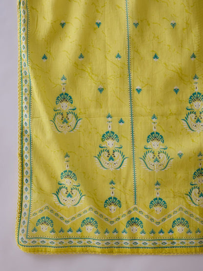 Floral Printed Mandarin Collar Beads Stones Pure Cotton Kurta Trousers & Dupatta