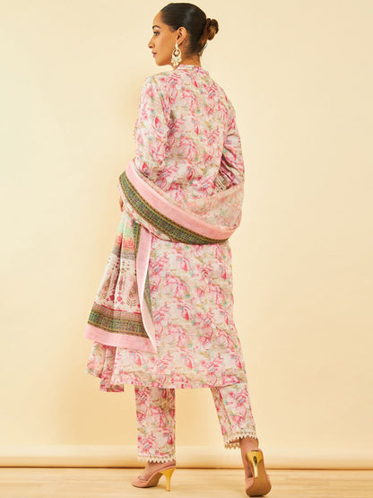 Dhiyona SO Women's Floral Printed Mandarin Collar Three-Quarter Sleeves Kurta Set