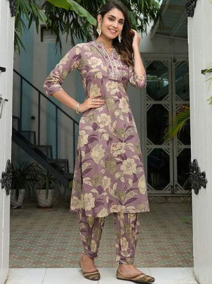 Dhiyona VA Women'sFloral Printed Regular Mirror Work Pure Cotton Kurta with Salwar & Dupatta
