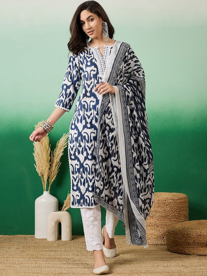 Dhiyona SN Women's Printed Pure Cotton Straight Kurta With Trousers & Dupatta