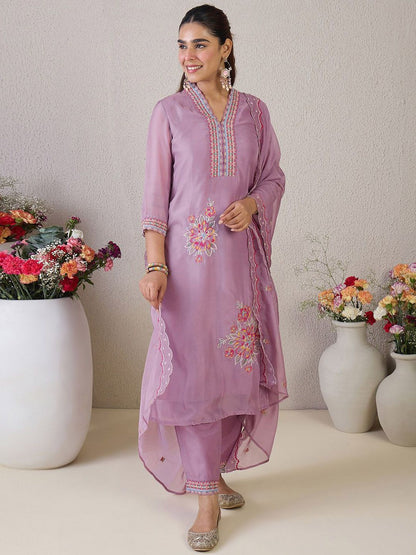 Floral Embroidered V Neck Organza Kurta With Trousers & Dupatta