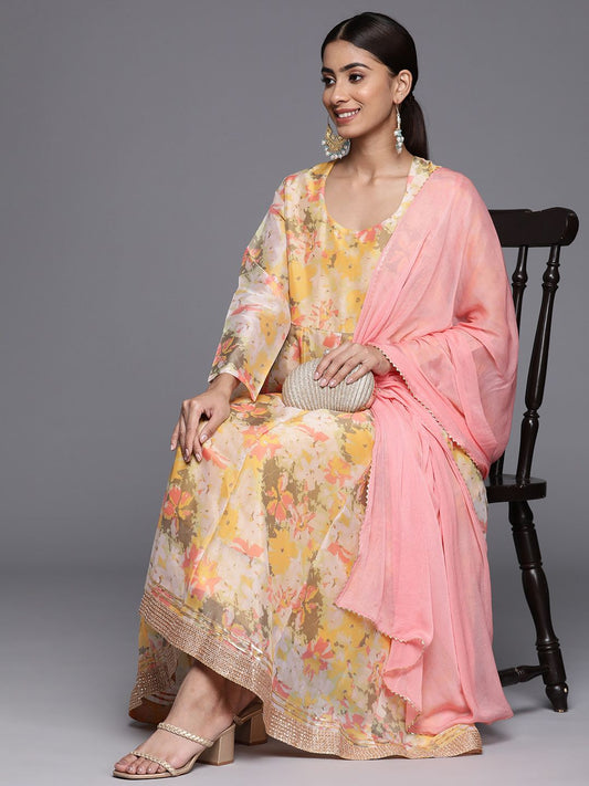 Dhiyona VA Women'sFloral Printed Empire Sequinned Kurta with Trousers & With Dupatta