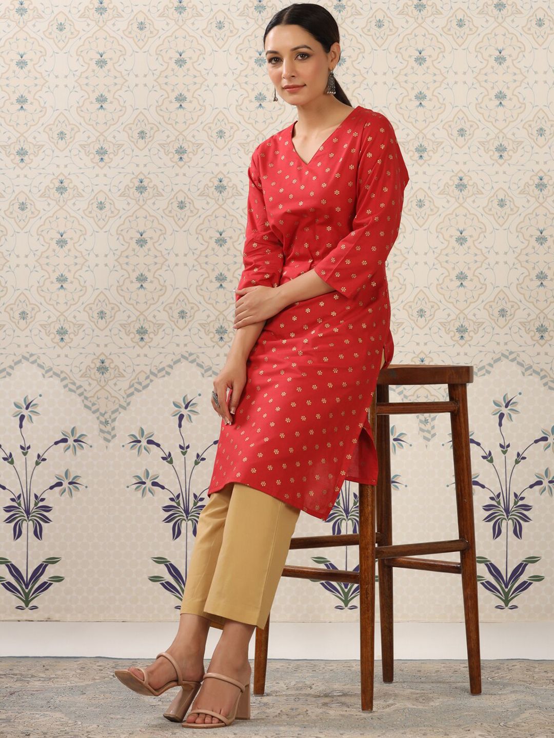 Dhiyona OD  Red & Beige Printed V Neck Pure Cotton Kurta With Palazzos