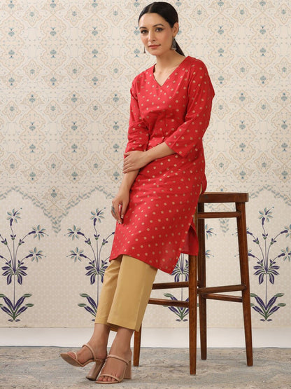 Dhiyona OD  Red & Beige Printed V Neck Pure Cotton Kurta With Palazzos