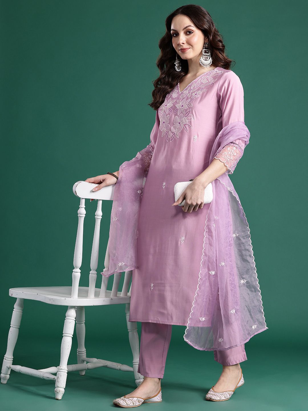 Floral Embroidered Kurta with Trousers & Dupatta