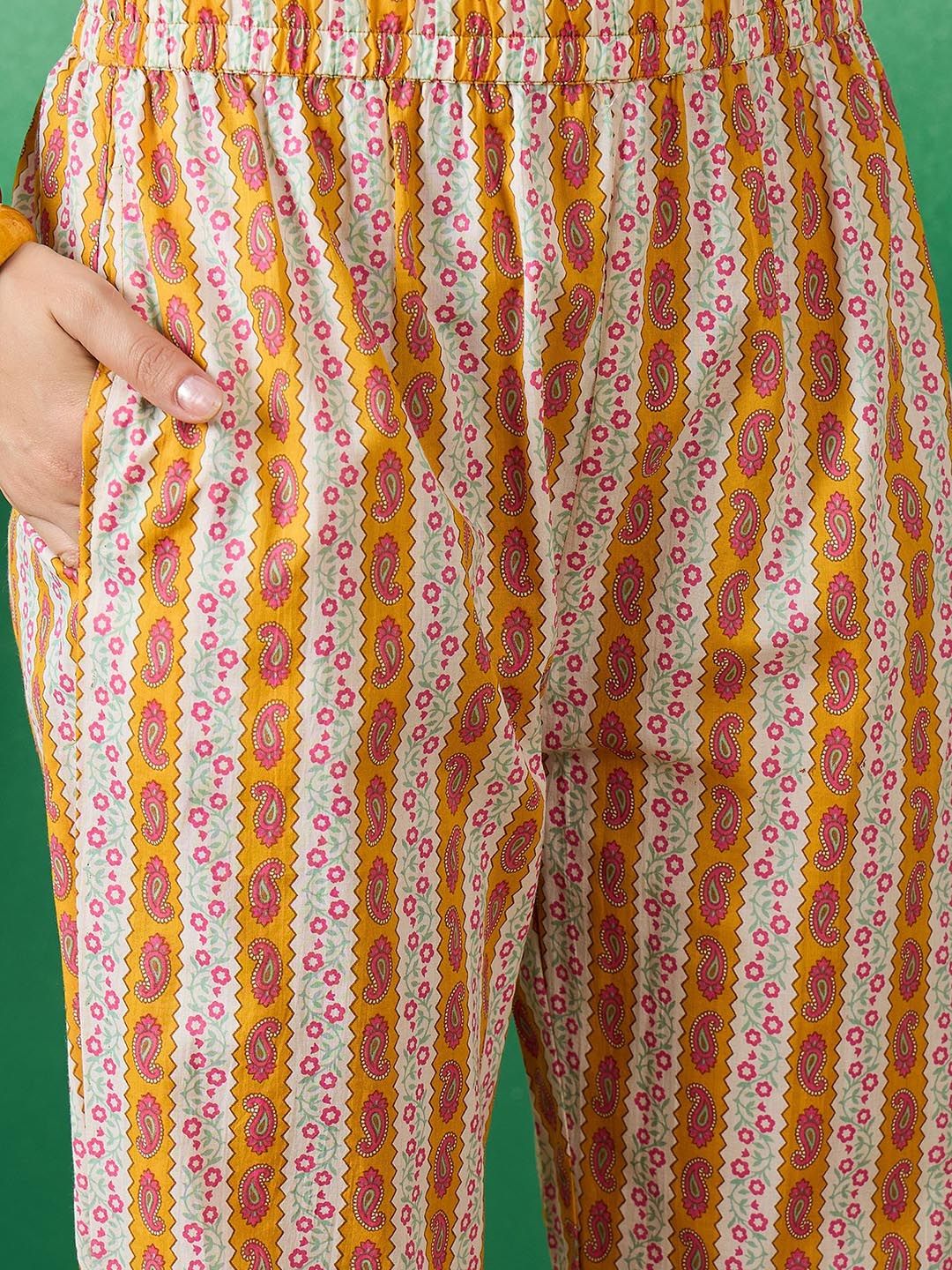 Dhiyona SN Women's Mustard Yellow Printed Pure Cotton Straight Kurta With Trousers & Dupatta