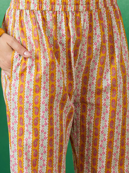 Dhiyona SN Women's Mustard Yellow Printed Pure Cotton Straight Kurta With Trousers & Dupatta