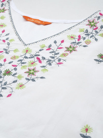 Floral Embroidered Thread Work Kurta with Trousers & With Dupatta