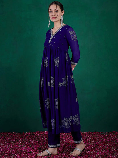 Dhiyona SN Women's Floral Printed Embroidered Anarkali Kurta With Trouser