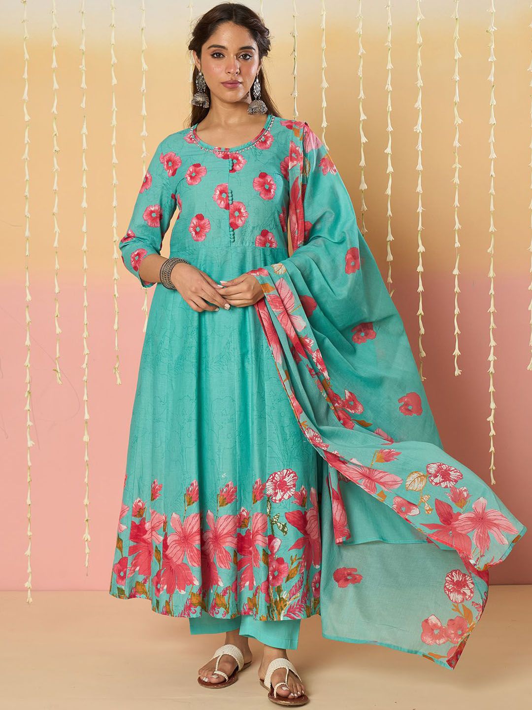 Floral Printed Pure Cotton Anarkali Kurta With Trousers & Dupatta