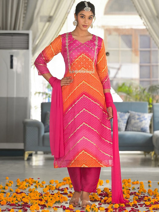 Dhiyona VA Women'sBandhani Printed Regular Gotta Patti Kurta with Trousers & With Dupatta
