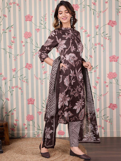 Dhiyona OD  Floal Printed Regular Pure Cotton Kurta with Trousers & Dupatta