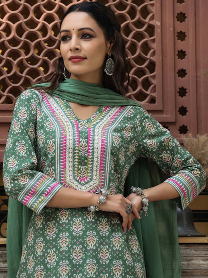 Dhiyona RR Women's Ethnic Motifs Printed Pure Cotton Kurta With Trousers & Dupatta