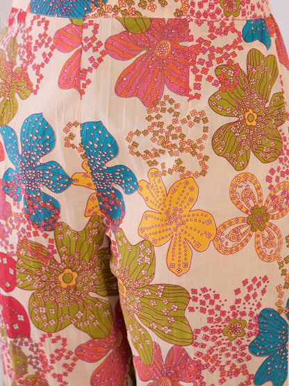 Dhiyona IE Floral Printed Mandarin Collar Pure Cotton A-Line Kurta With Trouser