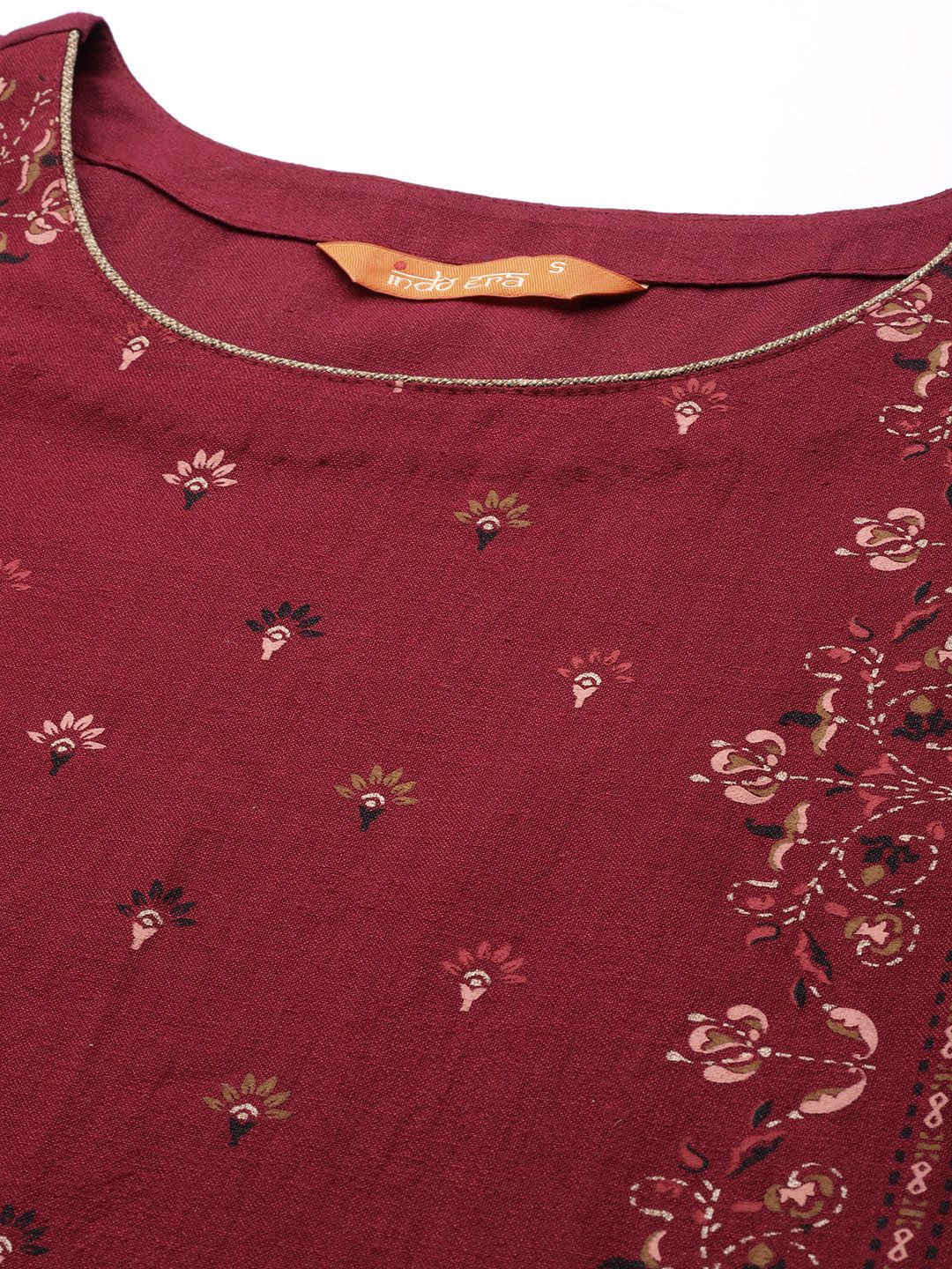 Dhiyona IE Women Maroon Ethnic Motifs Foil Print Round Neck Regular Sleeves Straight Kurta