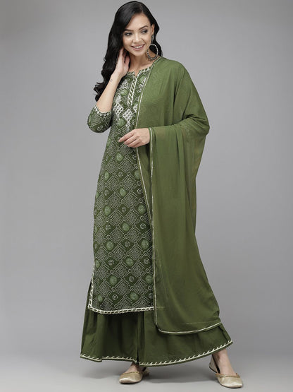 Women Green & White Bandhani Print Gotta Patti Kurta with Sharara & With Dupatta