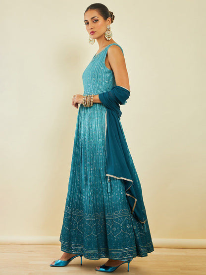 Dhiyona SO Women's Turquoise Blue Floral Embroidered Sequinned Anarkali Kurta With Churidar & Dupatta