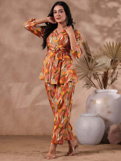 Dhiyona IS Women's Ethnic Printed Shirt Collar A-Line Kurta With Trouser