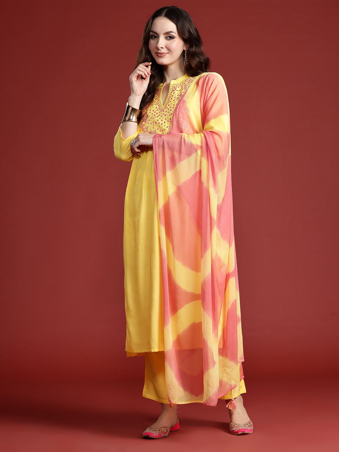Dhiyona IE Women Embroidered Panelled Mirror Work Pure Cotton Kurta with Trousers & Dupatta