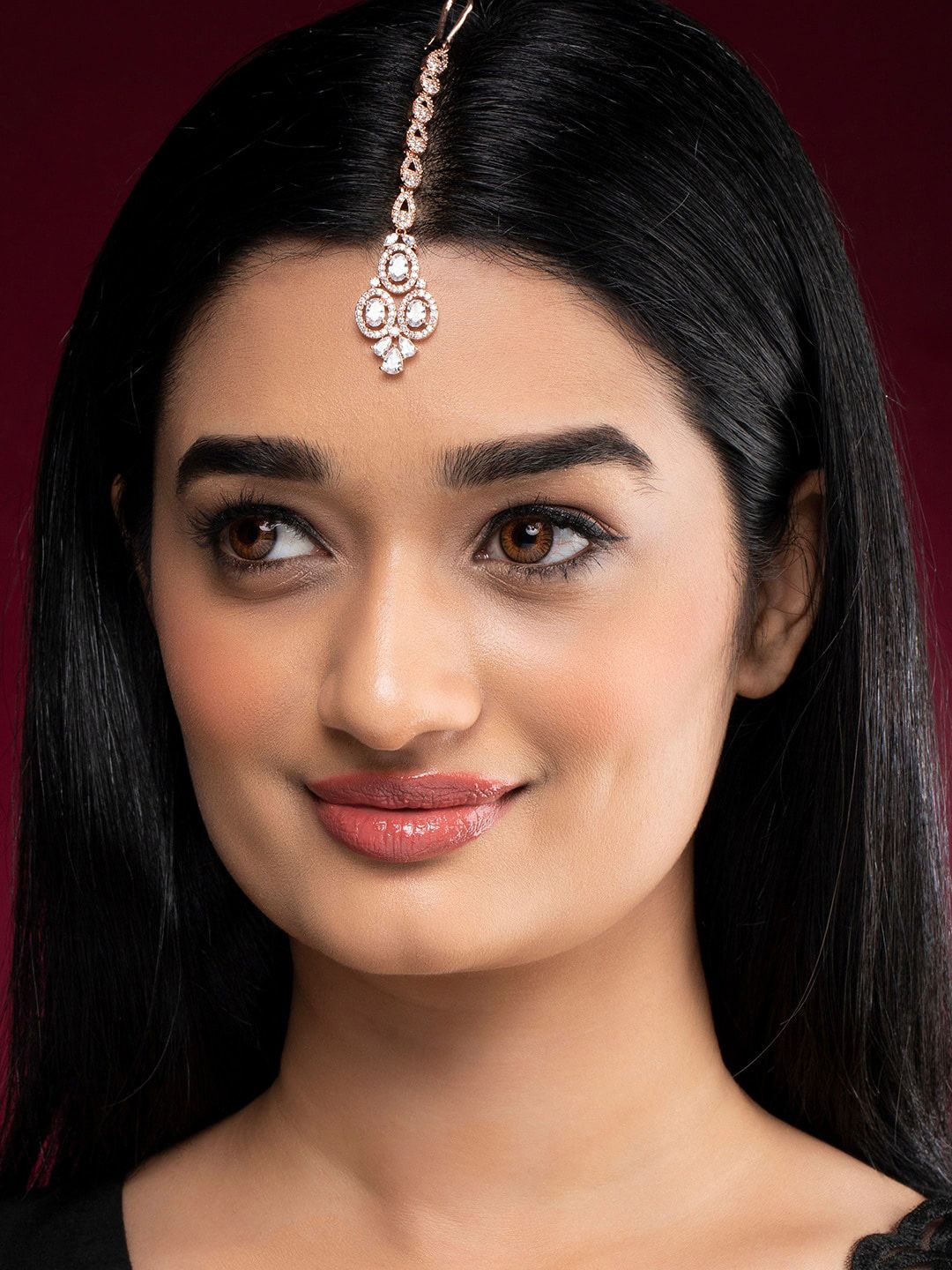 Dhiyona RJ Women's Rose Gold-Plated White AD-Studded Maang Tikka