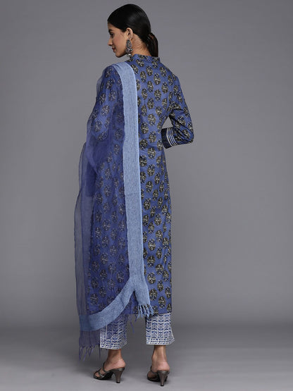 Dhiyona VA Women's Floral Printed Mirror Work Pure Cotton Kurta With Trousers & With Dupatta