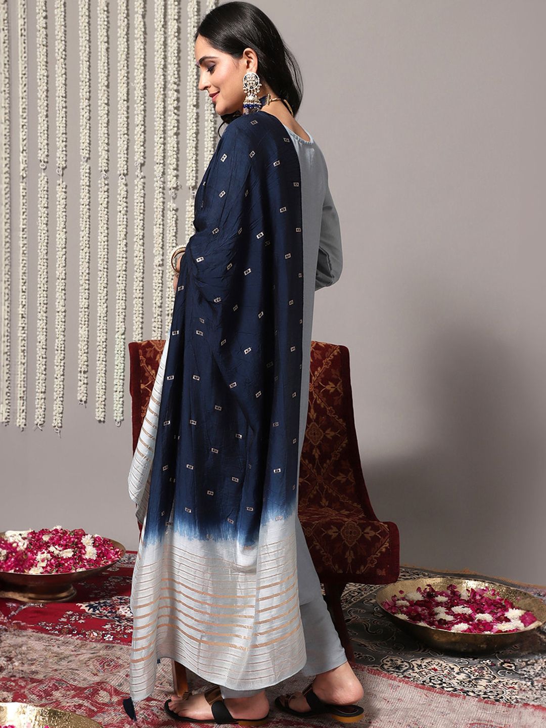 Dhiyona VA Women'sBlue Ethnic Motifs Embroidered Kurta With Trousers & Dupatta