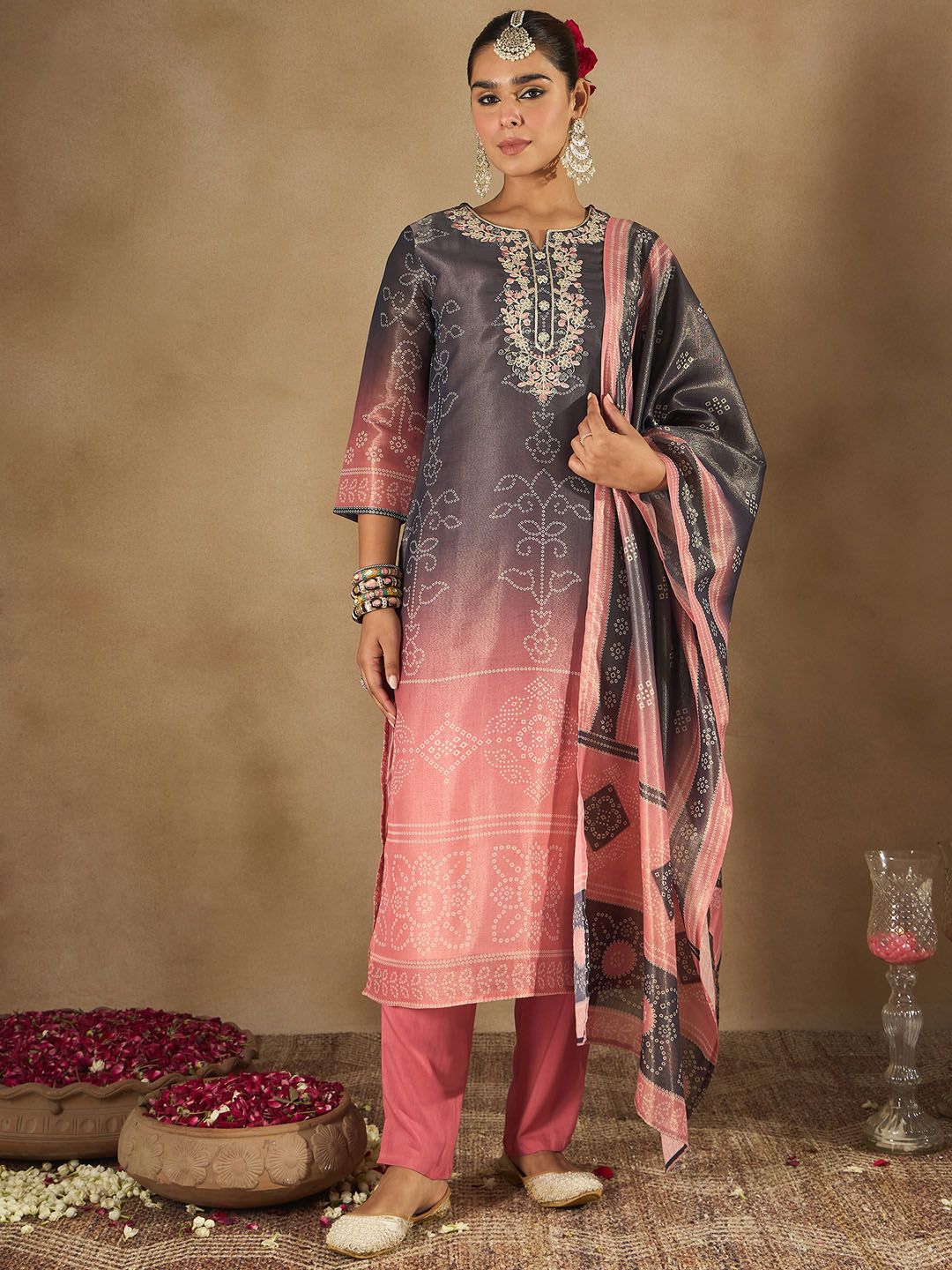 Women Bandhani Embroidered Regular Sequinned Kurta with Trousers & With Dupatta