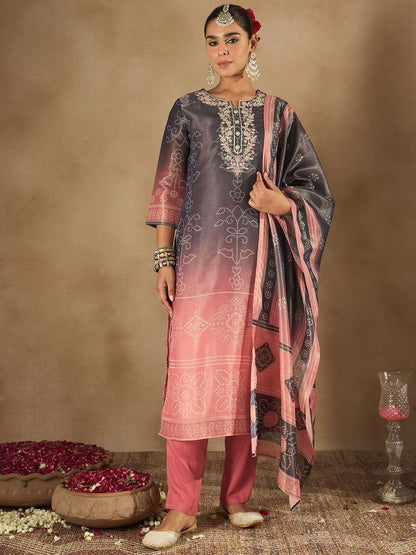 Women Bandhani Embroidered Regular Sequinned Kurta with Trousers & With Dupatta