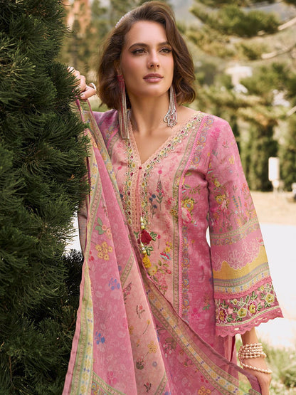 Dhiyona IE Floral Printed V-Neck Linen Kurta With Trousers And Dupatta