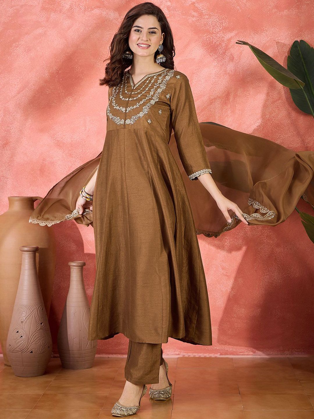 Dhiyona SN Women's Embroidered V-Neck Kurta, Trousers & Dupatta Set