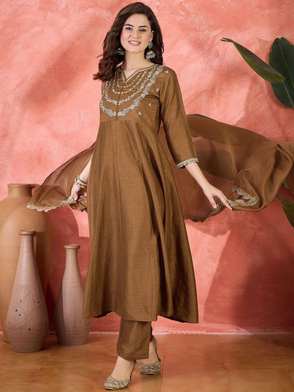 Dhiyona SN Women's Embroidered V-Neck Kurta, Trousers & Dupatta Set