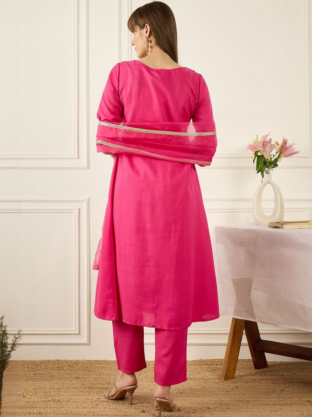 Yoke Design Notch Neck Regular A-Line Kurta With Trousers & Dupatta