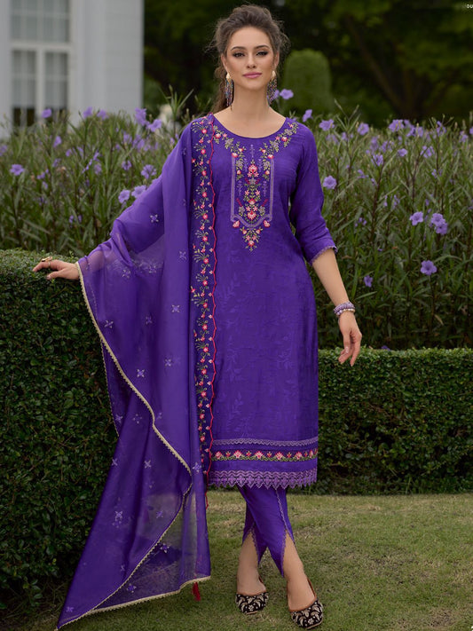 Dhiyona VA Women'sFloral Embroidered Round Neck Straight Kurta With Dhoti & Dupatta