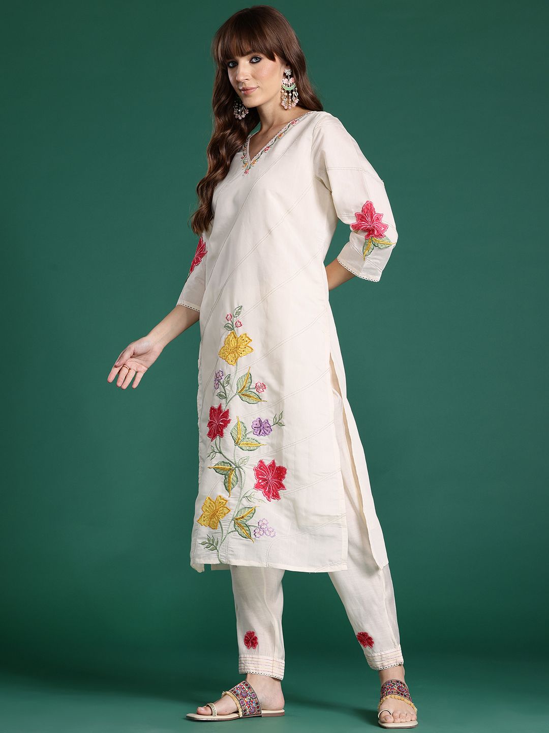 Floral Embroidered Thread Work Kurta with Trousers & With Dupatta